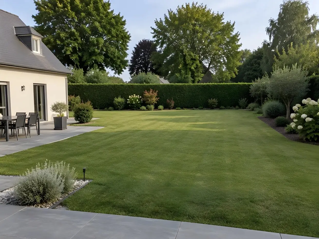 Le même jardin : pelouse rase, haie taillée, massifs nets