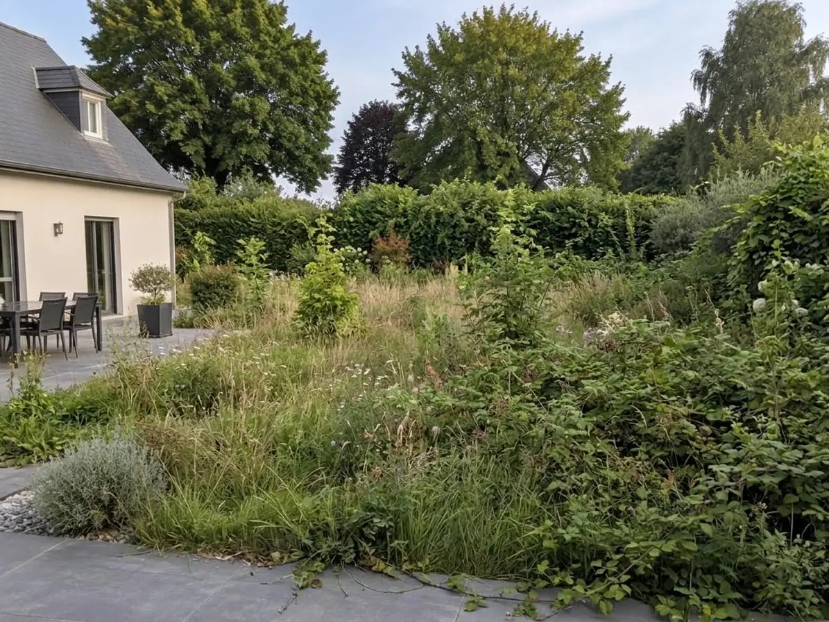 Jardin en friche à côté d'une maison : herbes hautes, ronces et arbustes envahissants