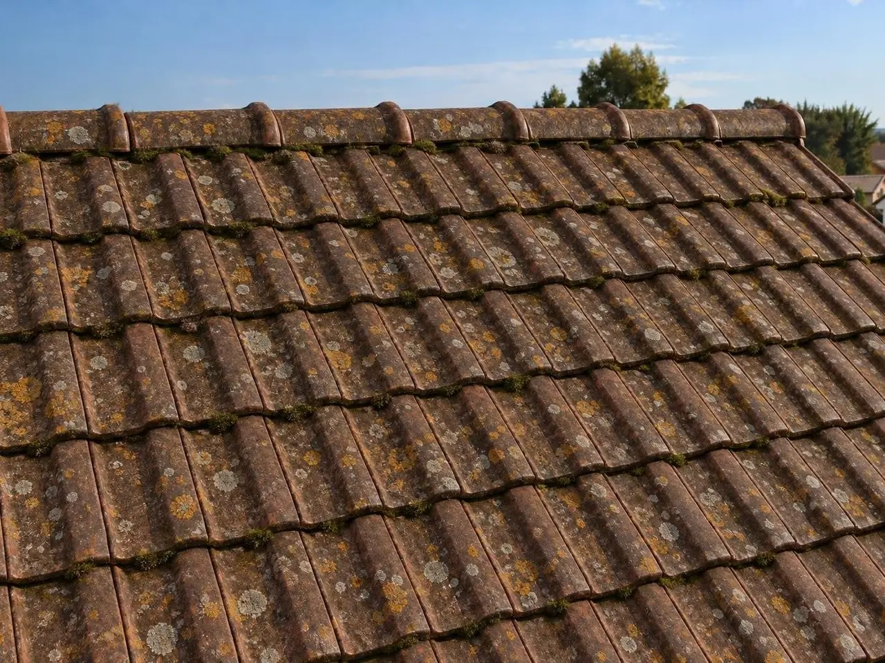 Tuiles de toiture couvertes de mousse verte et de lichens, en gros plan, avant nettoyage
