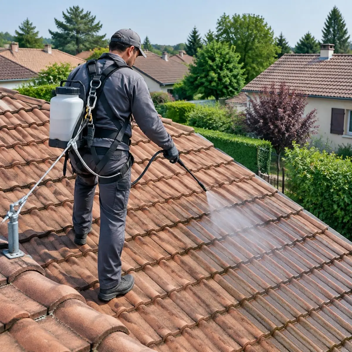 Artisan qui pulvérise un traitement sur un toit de tuiles, pulvérisateur sur le dos