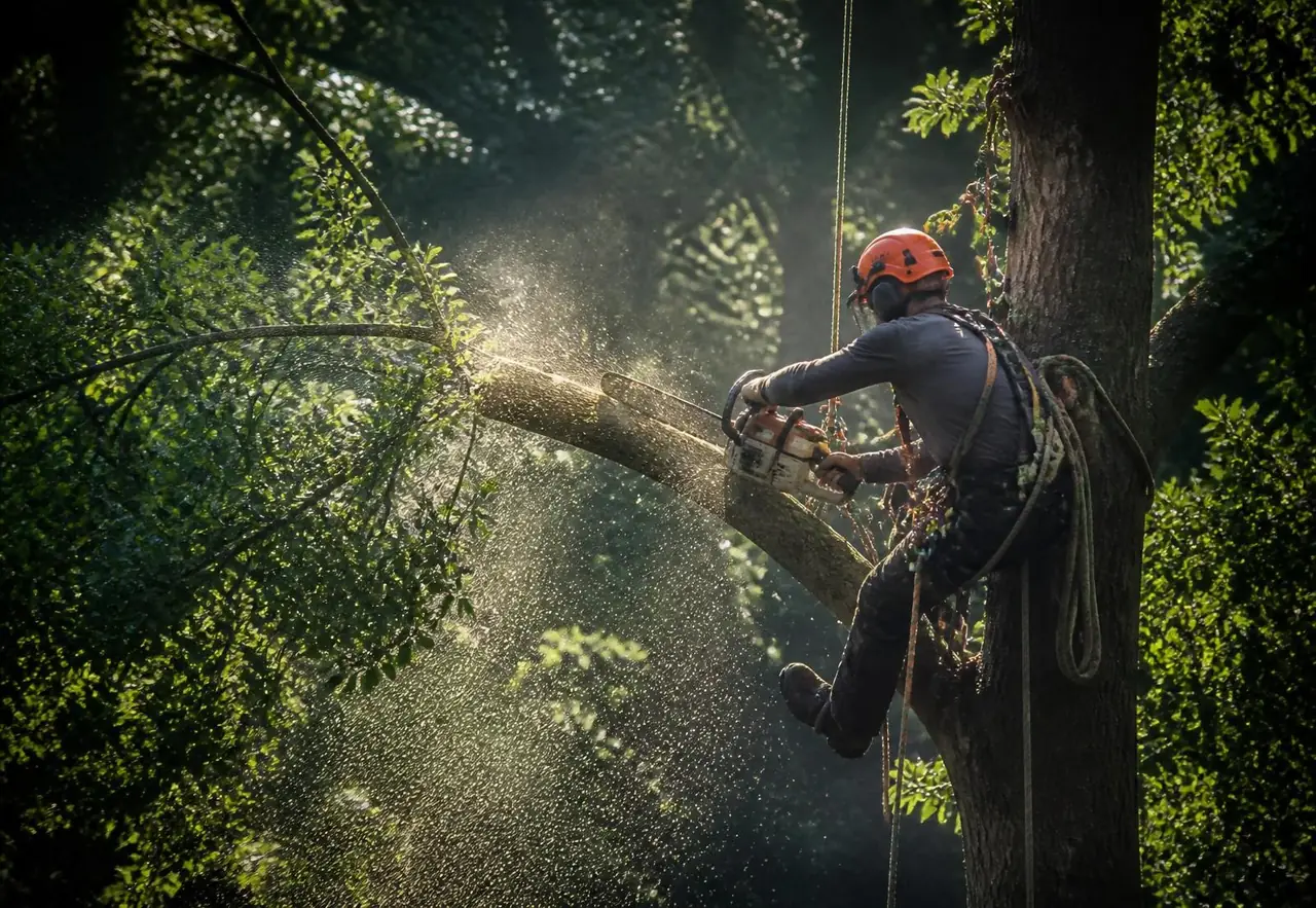 Élagueur encordé dans un arbre, tronçonneuse en main, qui coupe une grosse branche
