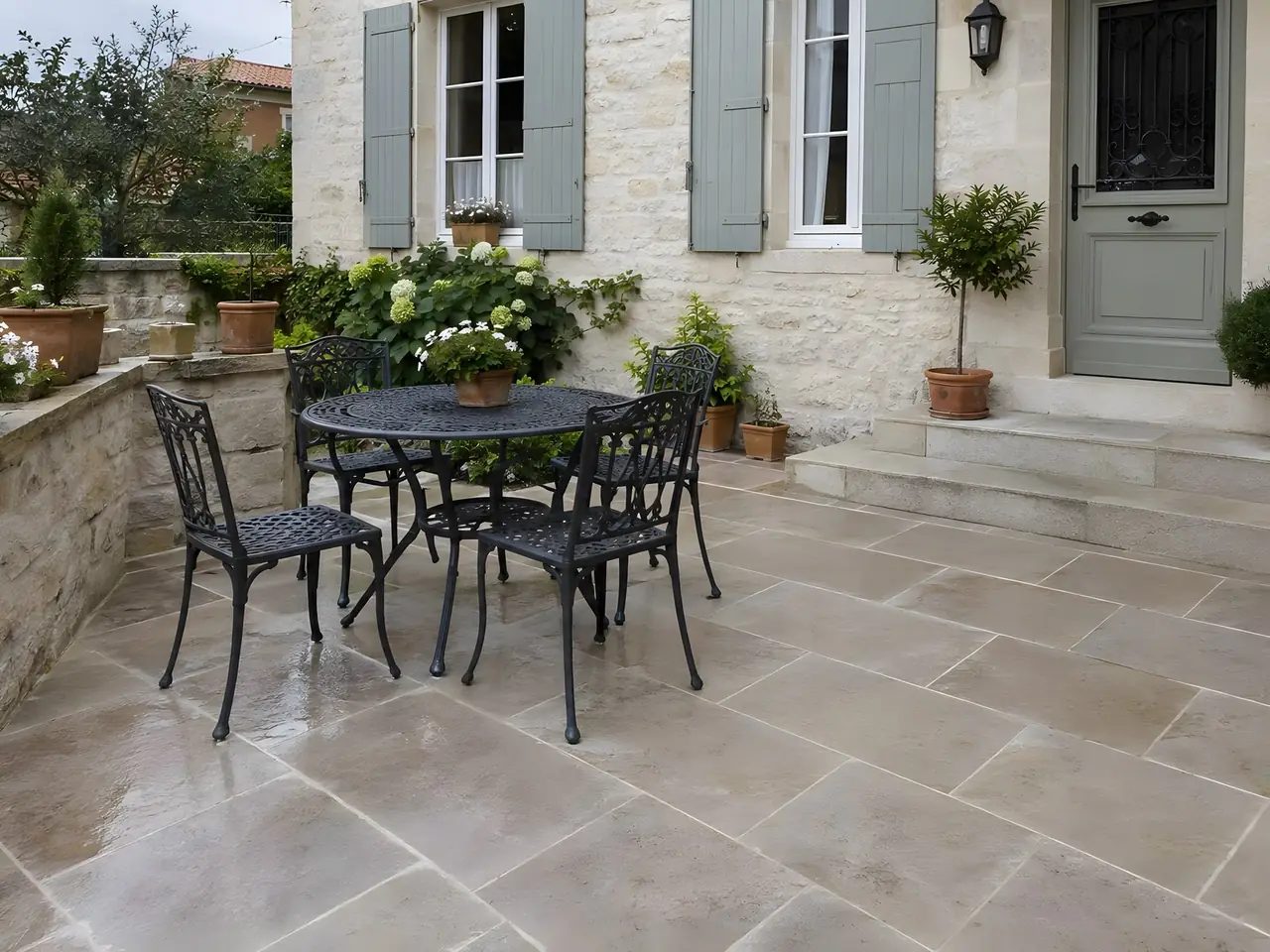 La même terrasse lavée : dalles claires et joints nets autour du salon de jardin