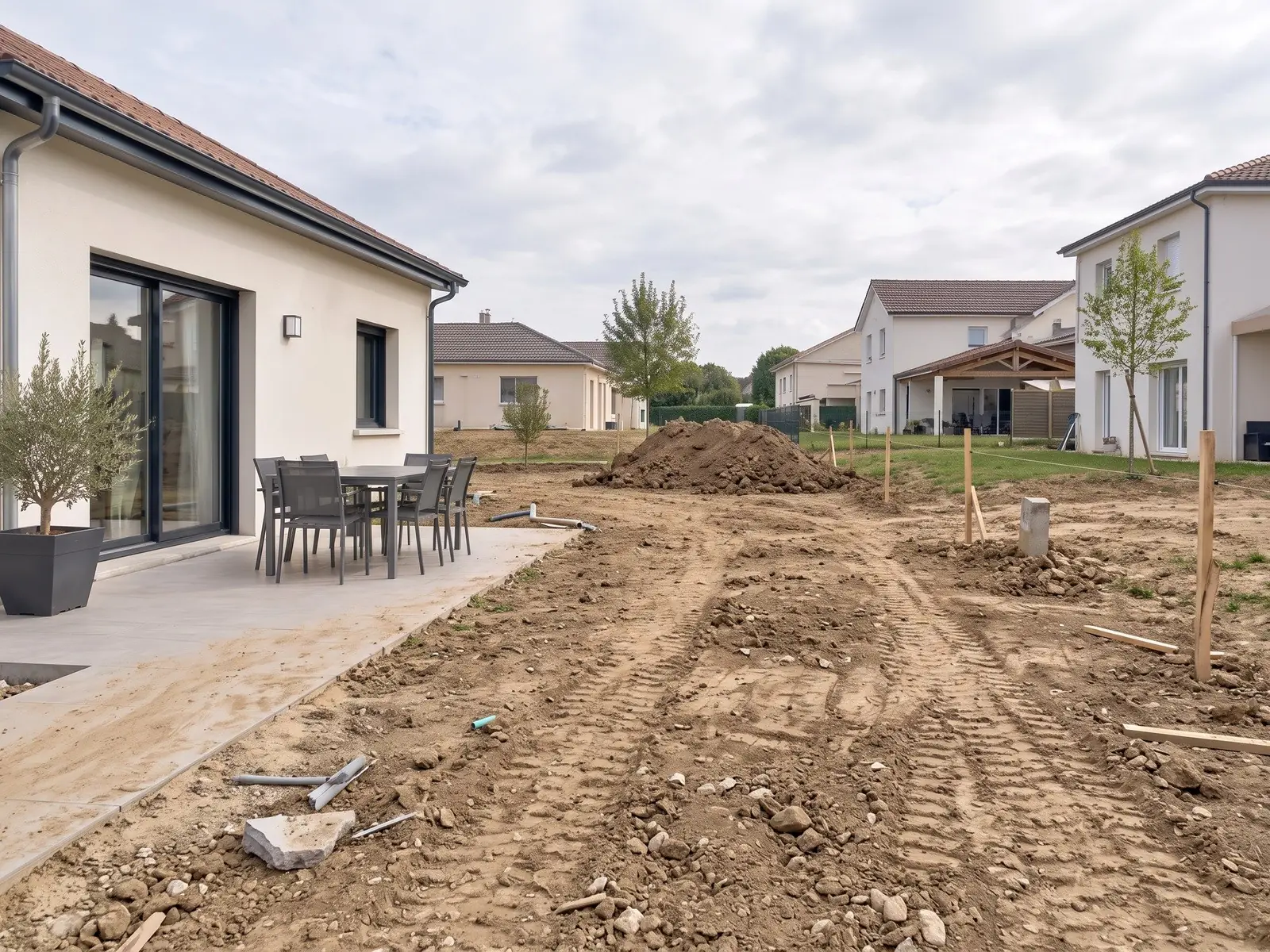Terre nue retournée par les engins autour d’une maison neuve, traces de roues et tas de terre, avant les travaux