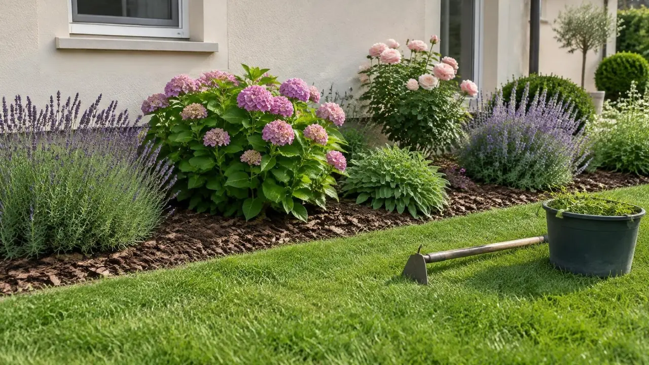 Massif de lavandes et d’hortensias paillé d’écorces au bord d’une pelouse, outils et seau posés dans l’herbe