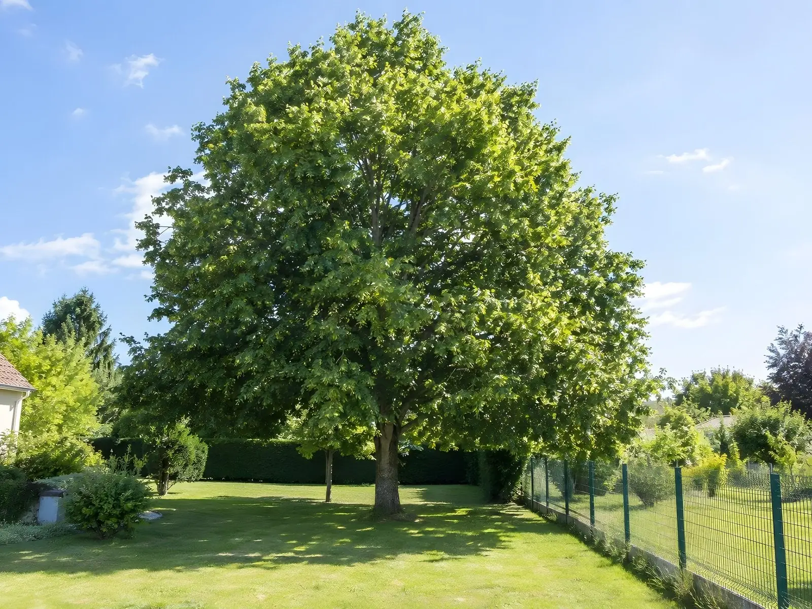 Le même tilleul à la ramure arrondie, arrêtée à la clôture verte, jardin voisin au soleil sur la droite