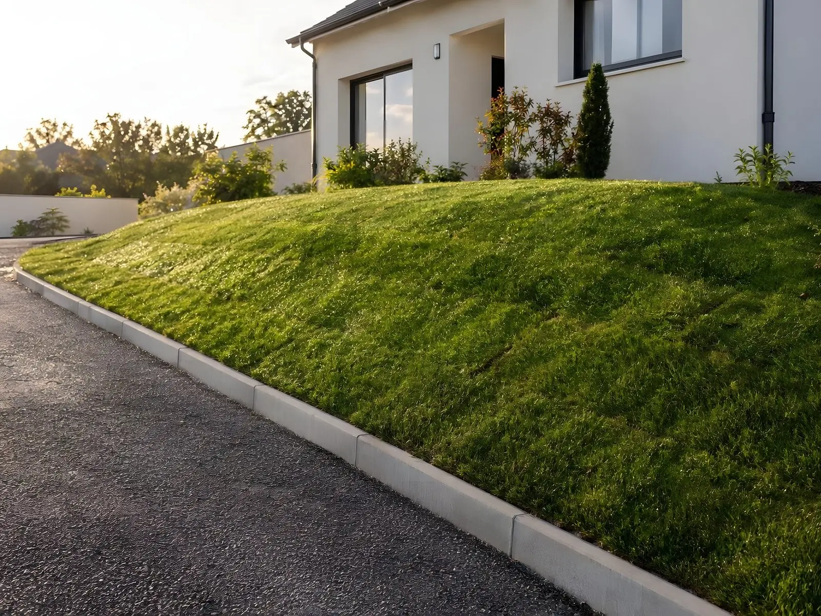 Le même talus couvert d’un gazon vert vif en pente douce jusqu’à la bordure de l’allée, maison blanche en haut