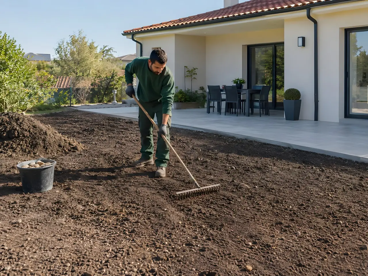 Jardinier qui nivelle au râteau une grande surface de terre retournée devant la terrasse d’une maison neuve