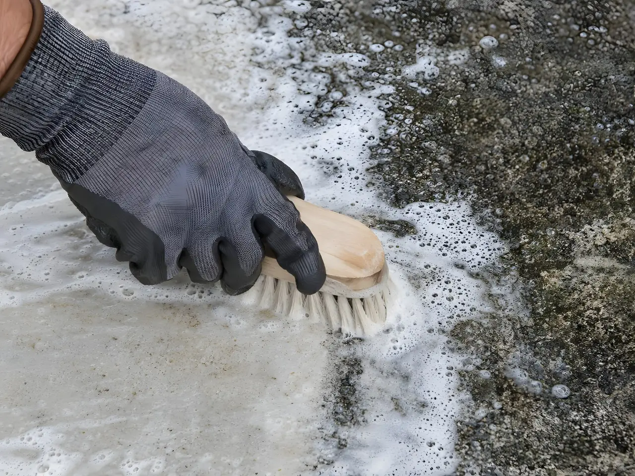 Main gantée qui brosse une dalle noircie sous une écume blanche, la partie déjà propre à côté