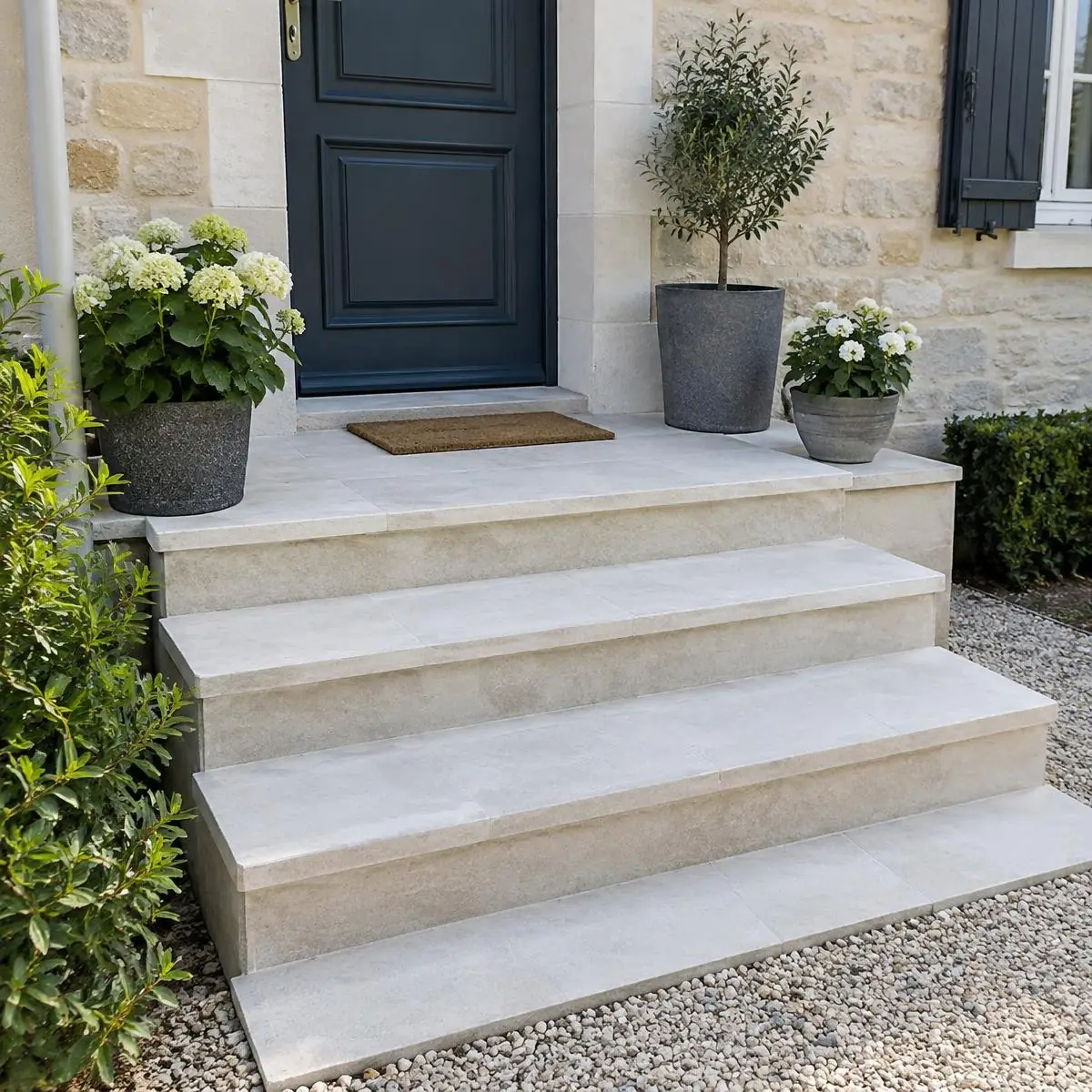 Marches en pierre claire et propres devant une porte d’entrée bleu nuit, pots d’hortensias blancs et gravier autour