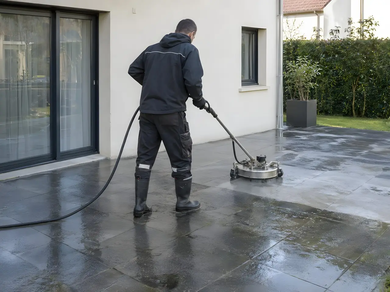 Homme en bottes qui nettoie une grande terrasse en dalles sombres avec un nettoyeur de surface à disque