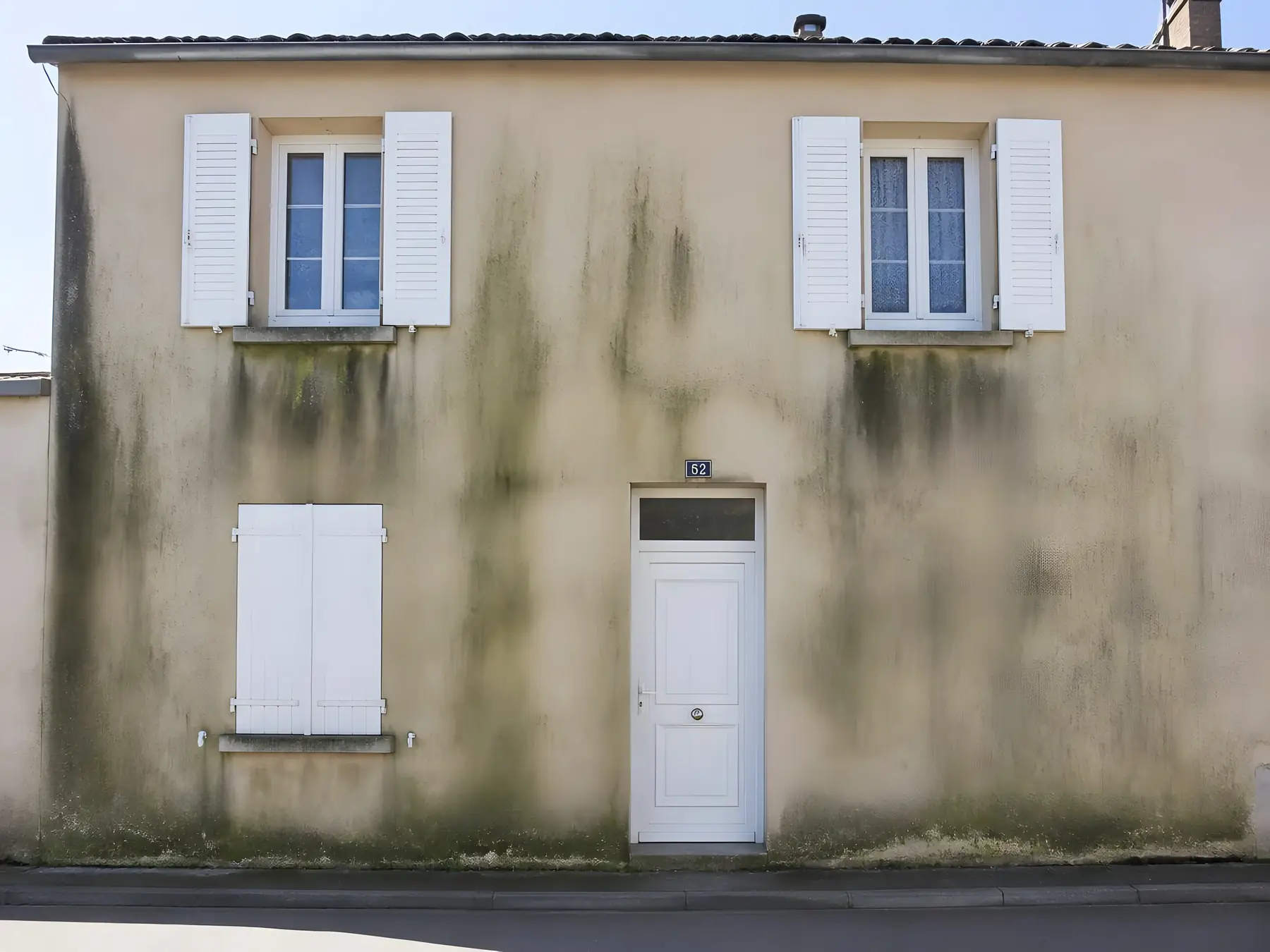Façade sur rue à l’enduit beige marquée de longues coulures vertes et noires sous les fenêtres aux volets blancs