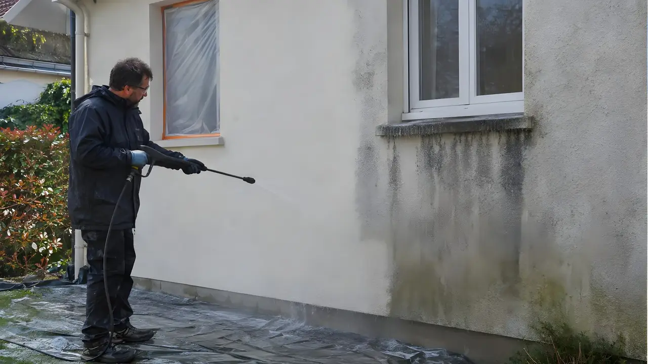 Homme qui nettoie un mur en crépi clair strié de coulures noires sous une fenêtre, l’autre fenêtre et le sol bâchés