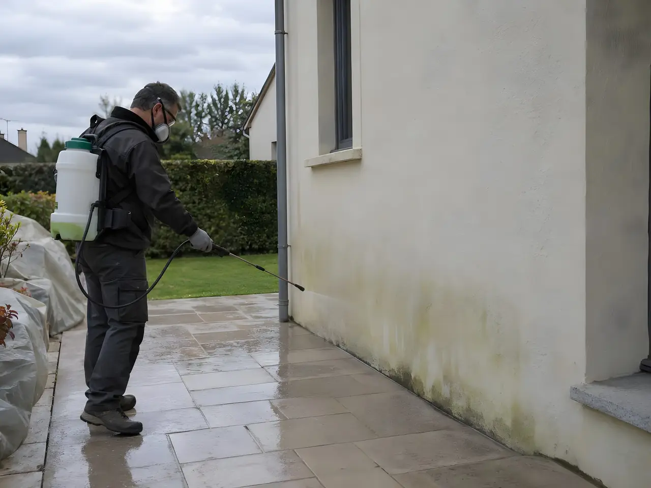 Homme masqué, pulvérisateur sur le dos, qui traite le pied d’une façade verdie, massifs voisins sous des bâches