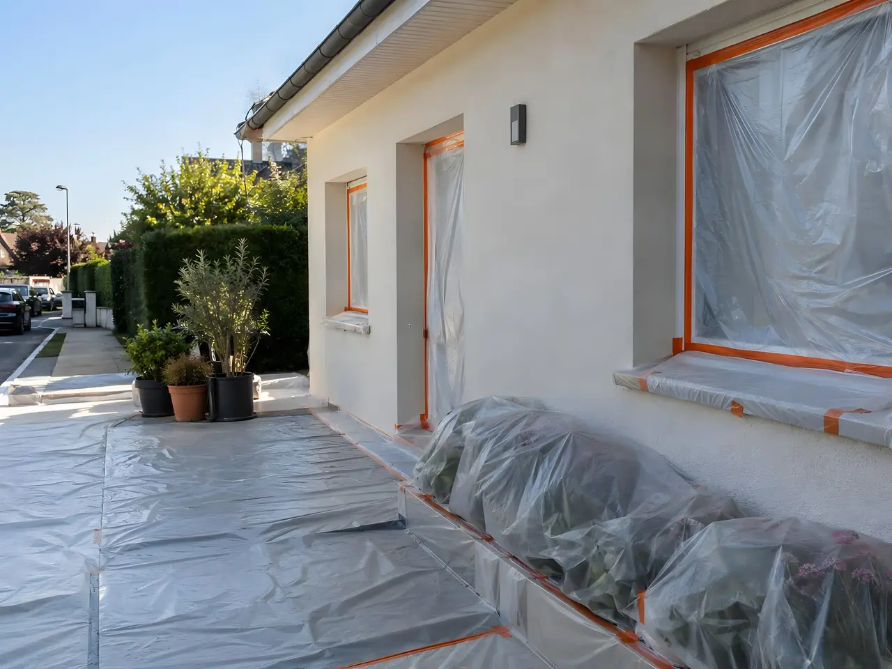 Maison protégée avant travaux : fenêtres et porte sous film plastique, massifs emballés, sol couvert de bâches