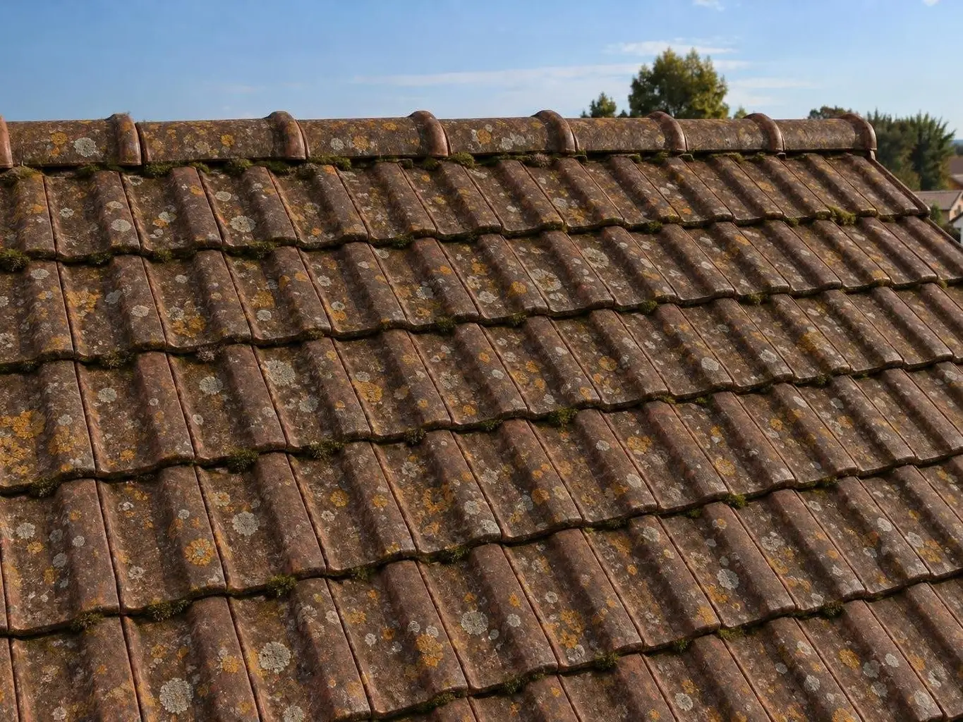 Pan de toit en tuiles mécaniques brunies, couvertes de taches de lichen gris et jaune orangé jusqu’au faîtage
