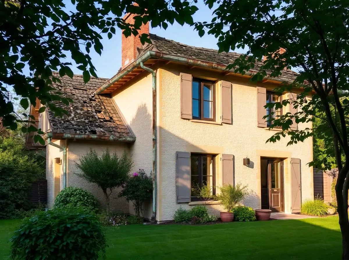 Maison au crépi jaune pâle et aux volets taupe, toit de tuiles brunes assombri par la mousse, vu entre des branches