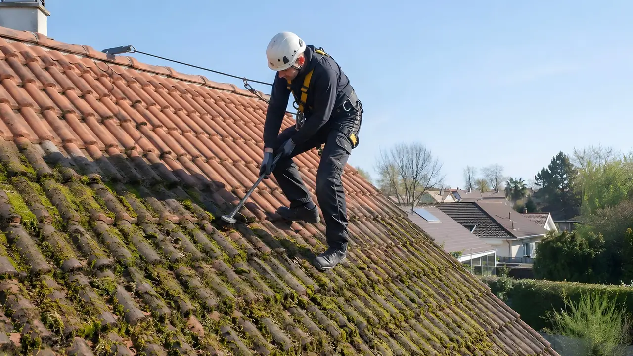Homme casqué et harnaché, relié à une ligne de vie, qui brosse la mousse d’un toit en tuiles rouges, le haut déjà propre