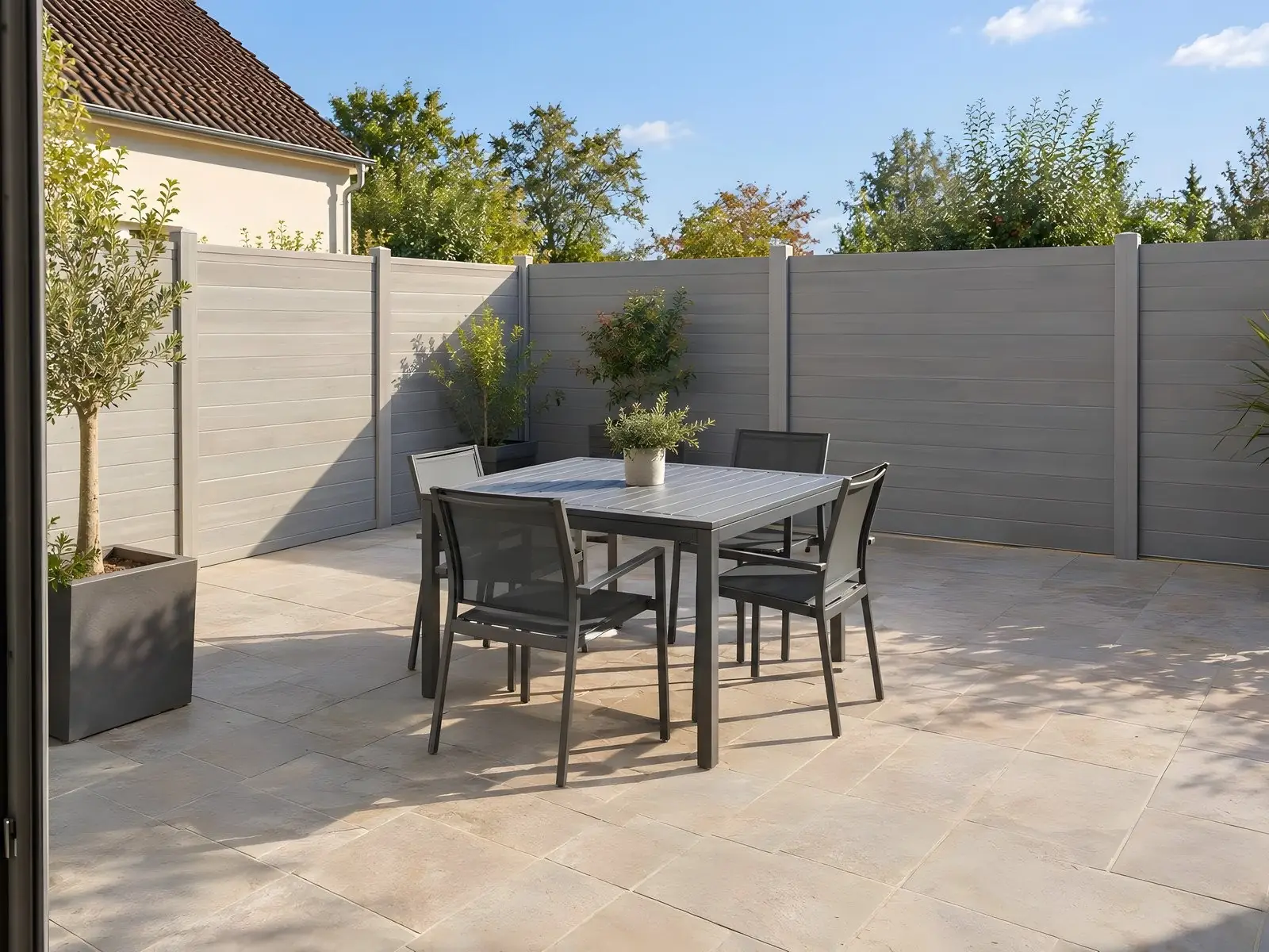 La même terrasse, table et quatre chaises, fermée par une clôture en panneaux gris clair à lames horizontales