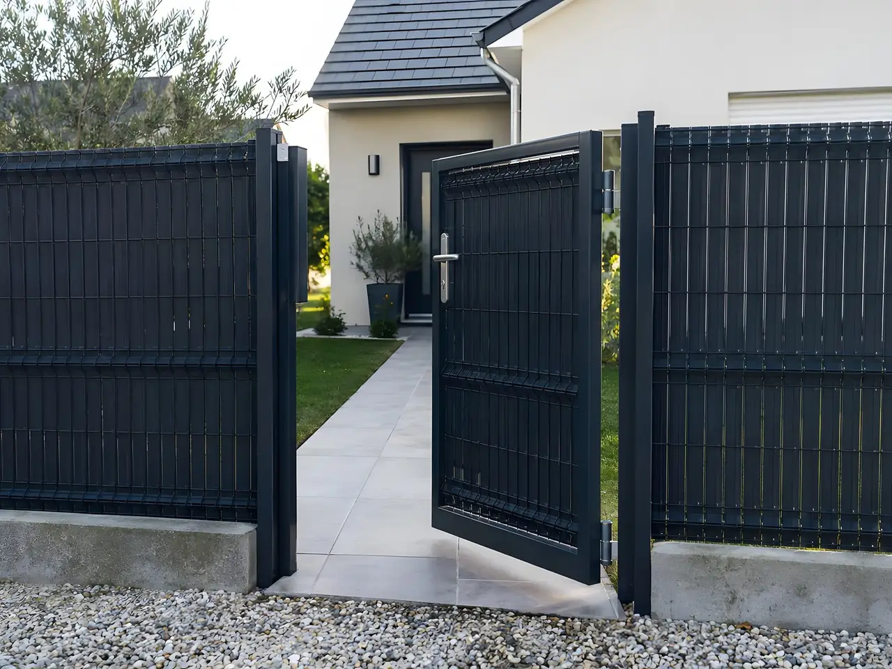Portillon anthracite ouvert sur une allée dallée, entre deux pans de clôture rigide occultée