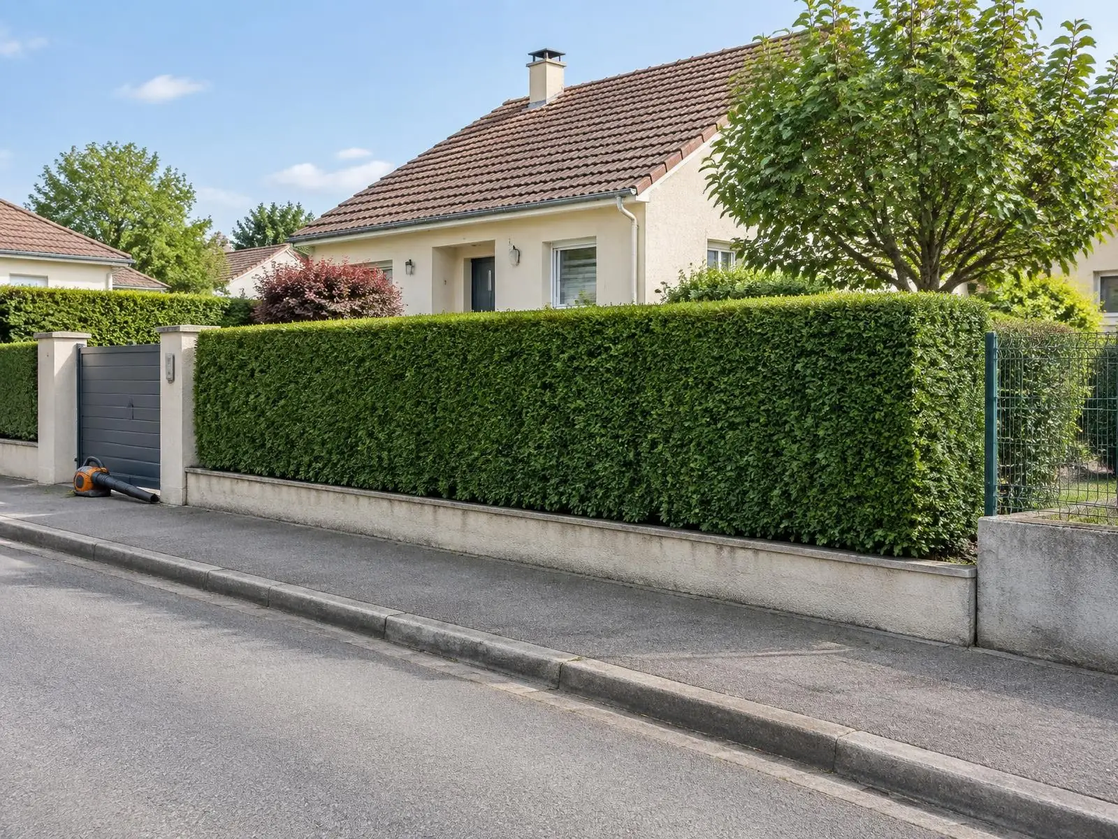 La même haie de thuyas rabaissée et taillée au carré le long du trottoir, devant le pavillon aux tuiles brunes
