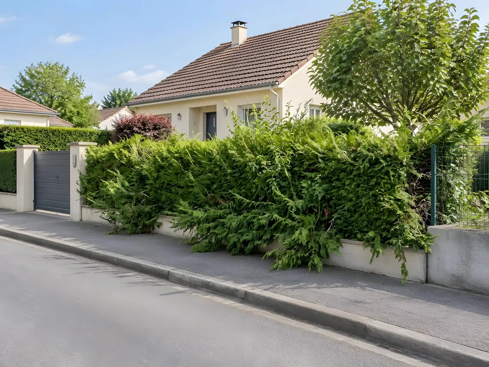 Haie de thuyas trop haute et trop large qui déborde sur le trottoir devant un pavillon, avant la taille