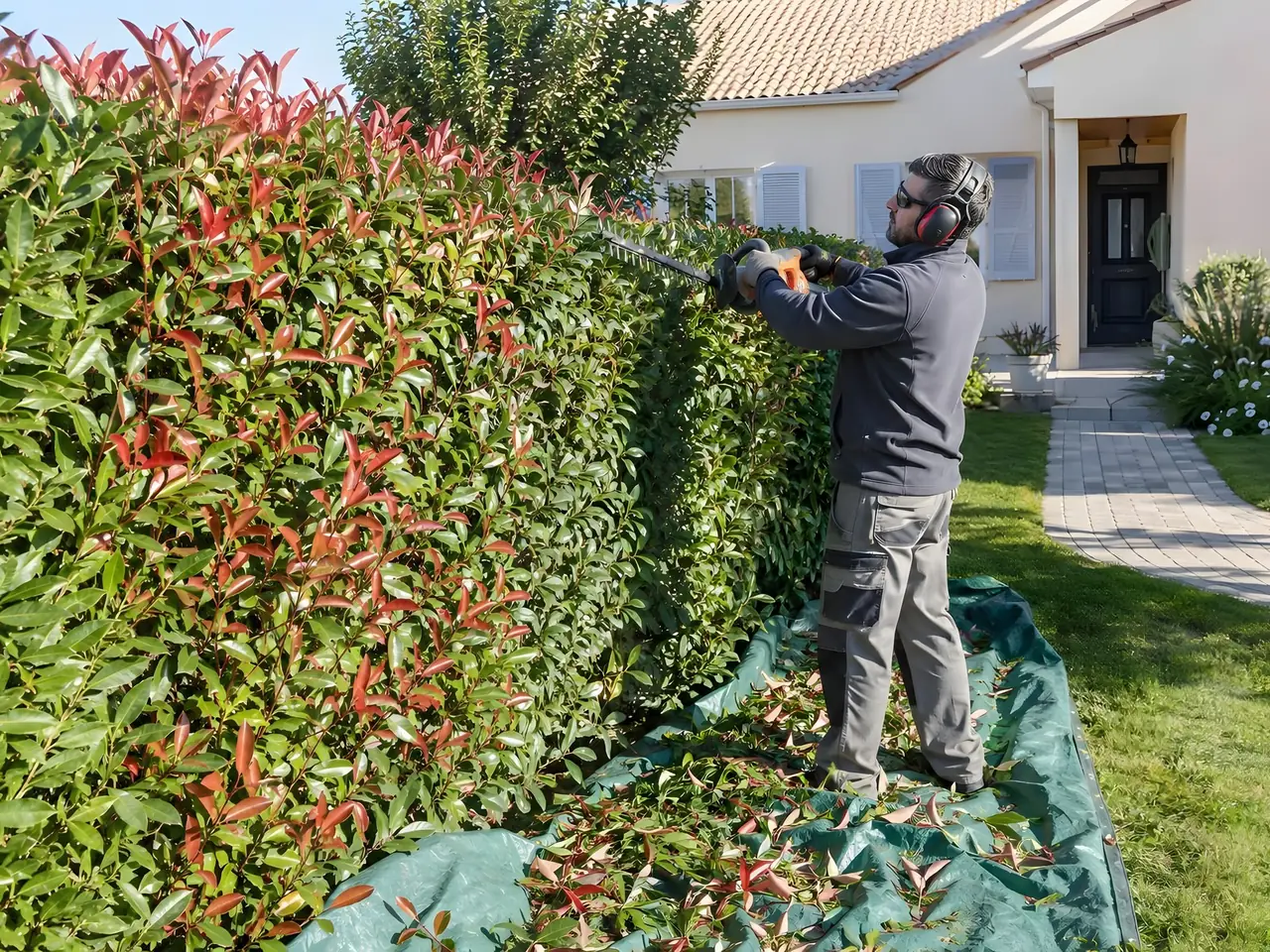 Jardinier avec casque antibruit qui taille une haie de photinias, les feuilles coupées tombant sur une bâche
