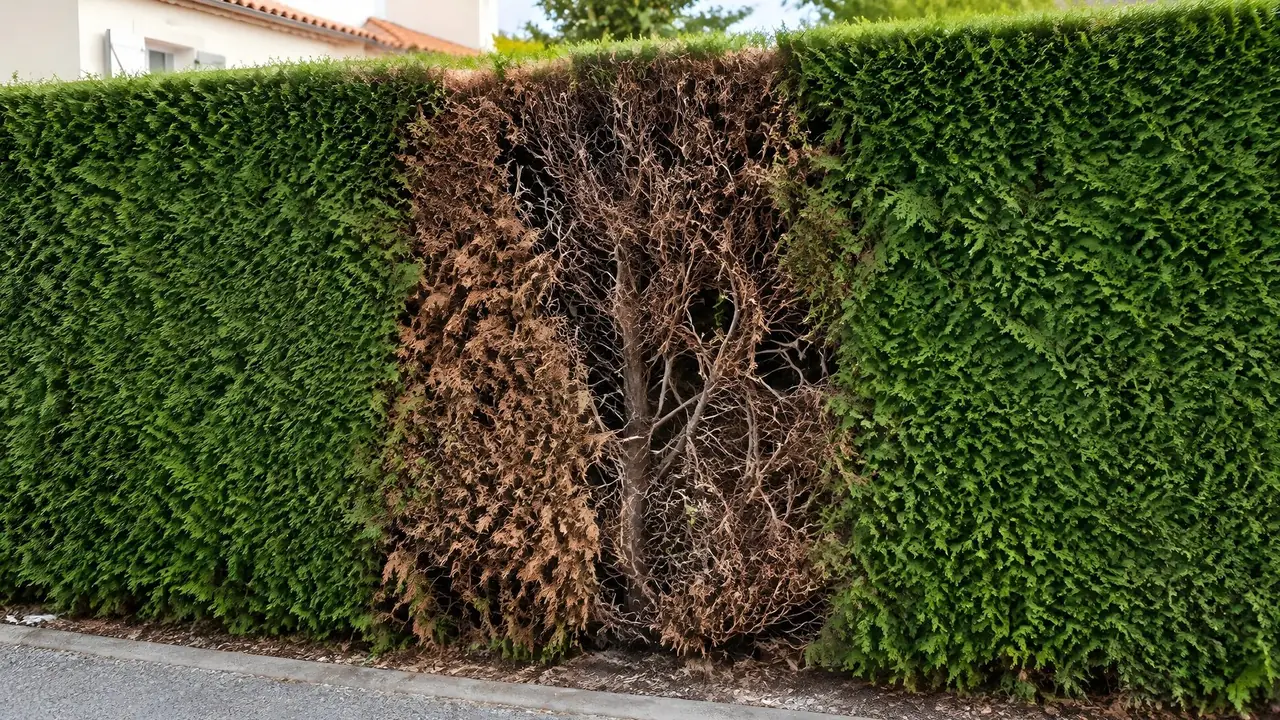 Haie de thuyas verte et dense, trouée en son milieu par une large plaque de bois brun aux branches nues
