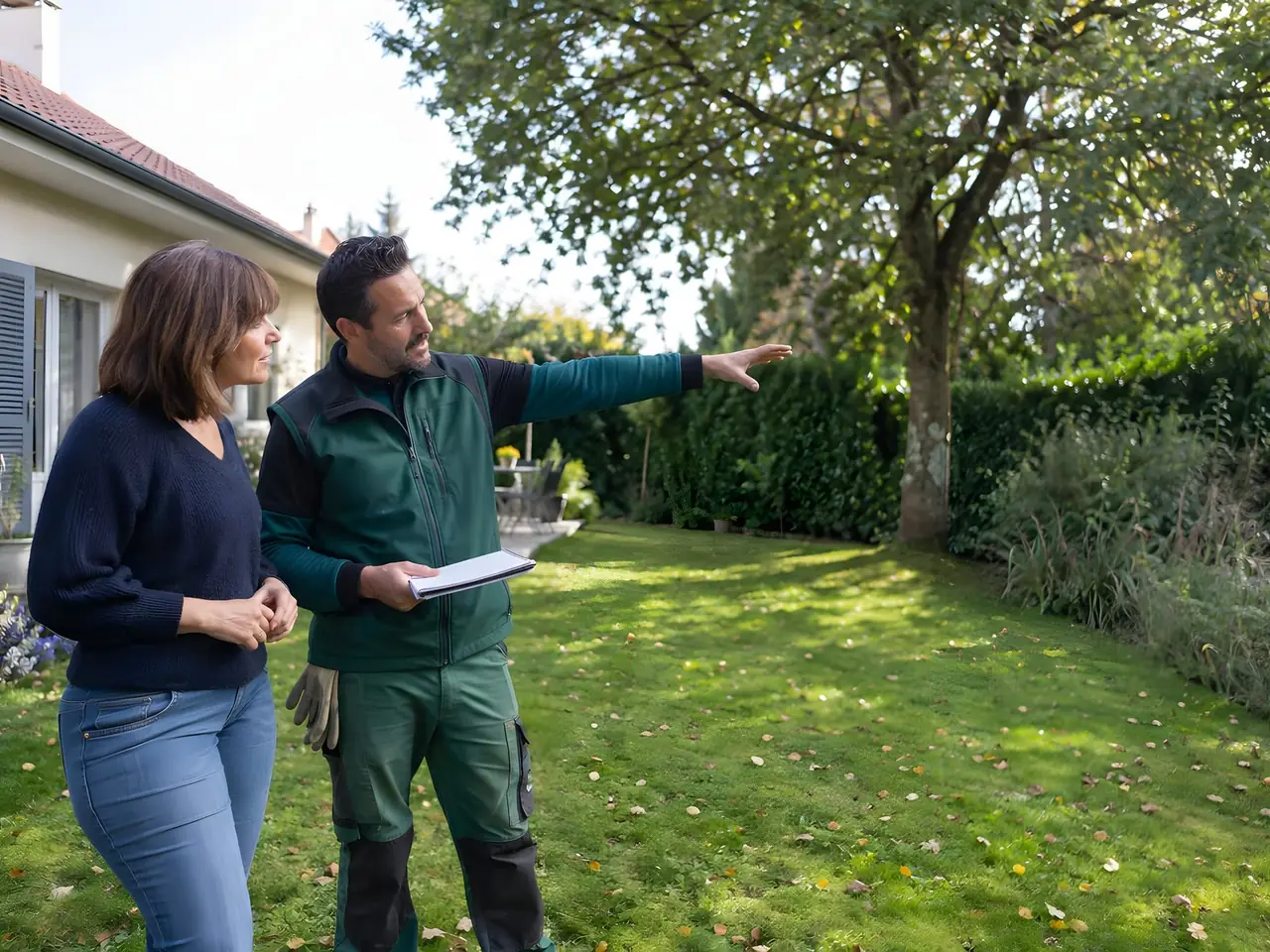 Paysagiste, carnet en main, qui montre du bras le fond du jardin à la propriétaire, debout avec lui sur la pelouse
