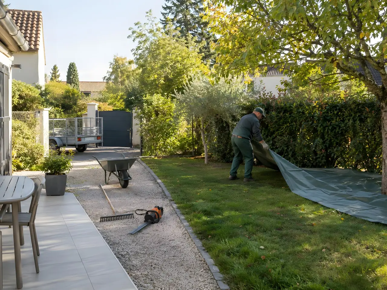Jardinier qui étend une bâche au pied d’une haie, brouette, râteau et taille-haie posés sur l’allée en gravier